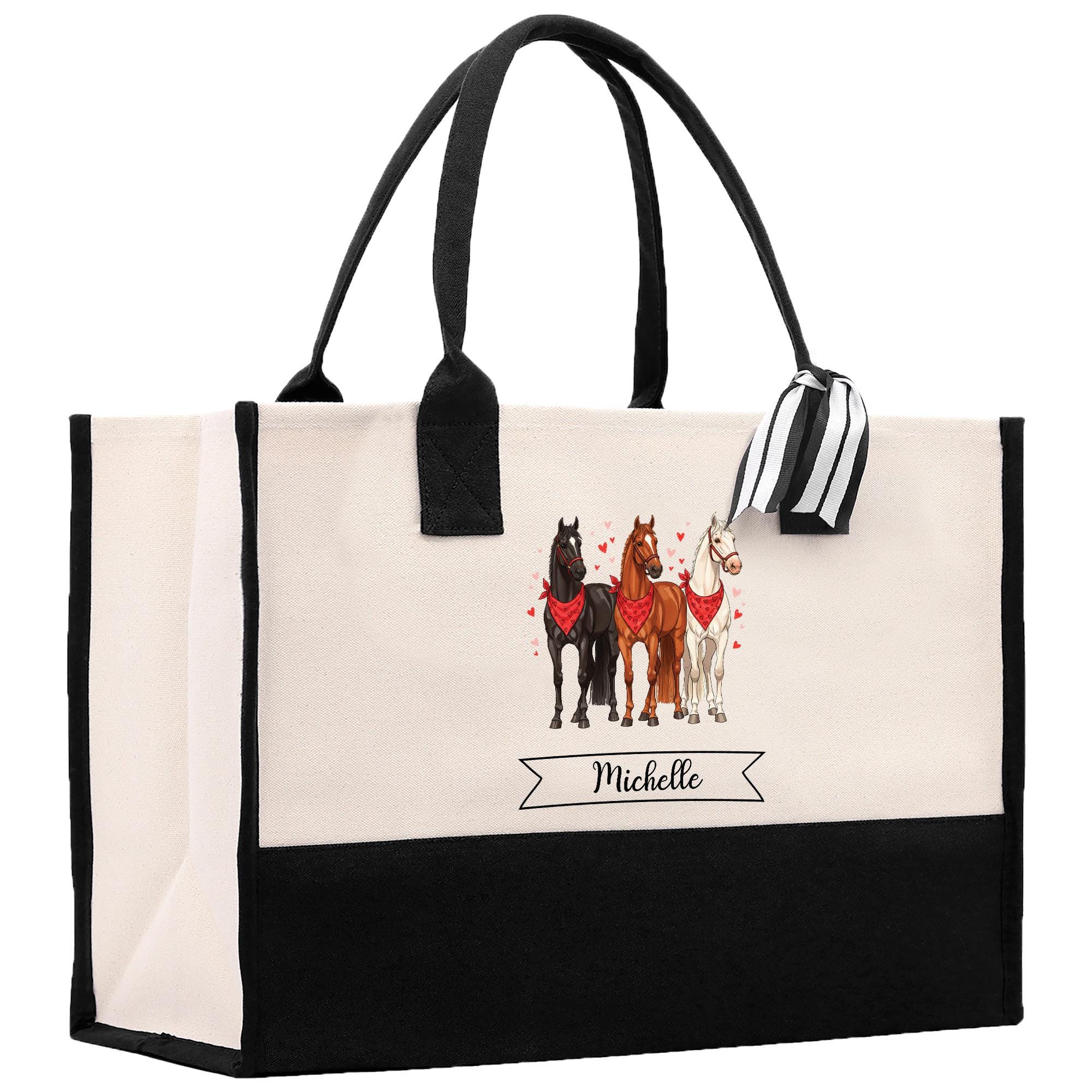 a black and white bag with horses on it