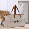 a bride tote bag sitting on top of a wooden floor