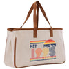 A beige canvas tote bag with a graphic design featuring the text 