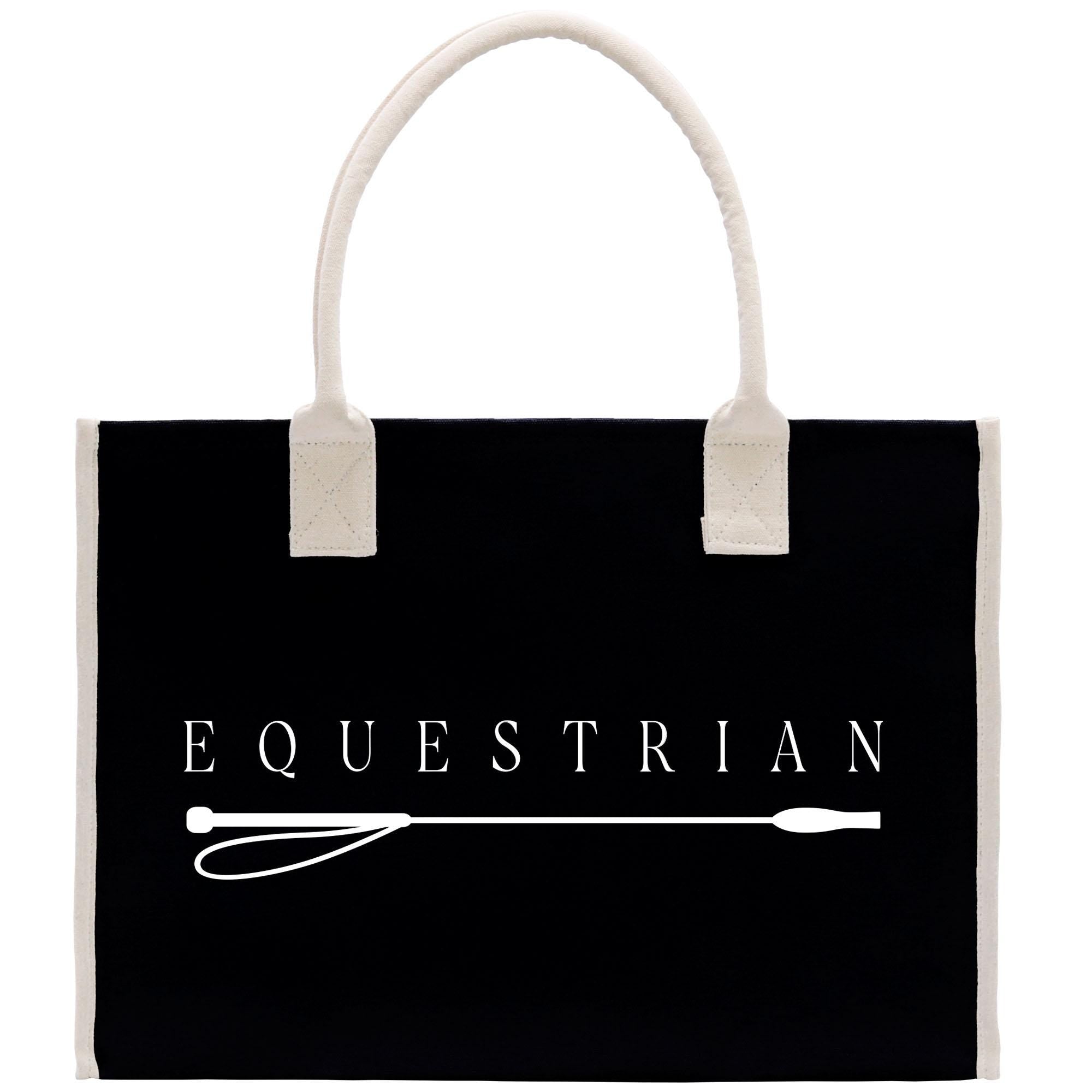 A black tote bag with the word &quot;EQUESTRIAN&quot; printed on it in white text.