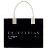 A black tote bag with the word "EQUESTRIAN" printed on it in white text.