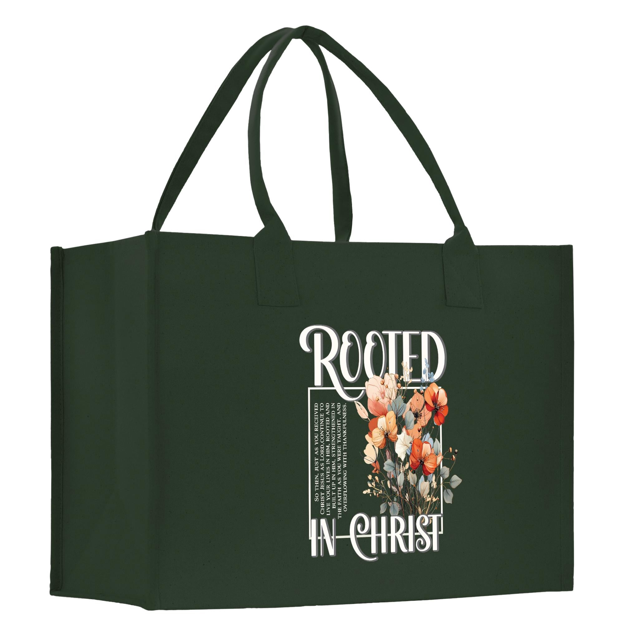 a green bag with a picture of flowers on it