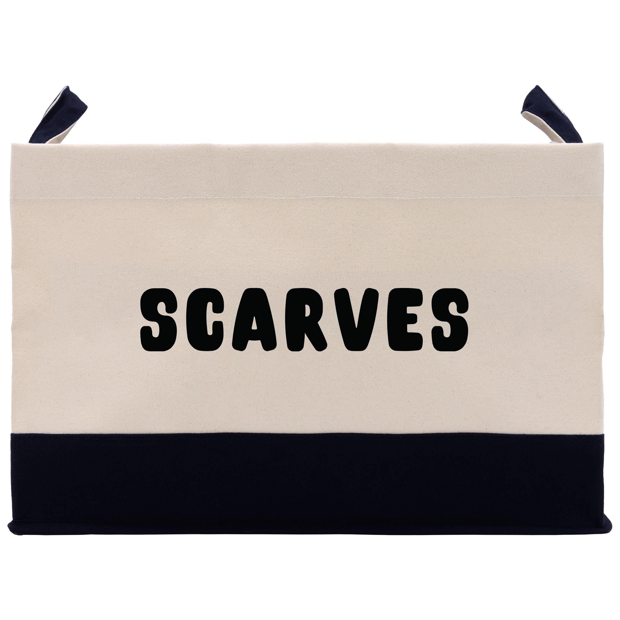 a black and white bag with the word scarves printed on it