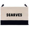 a black and white bag with the word scarves printed on it