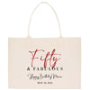 a white shopping bag with the words fifty and fabulous printed on it