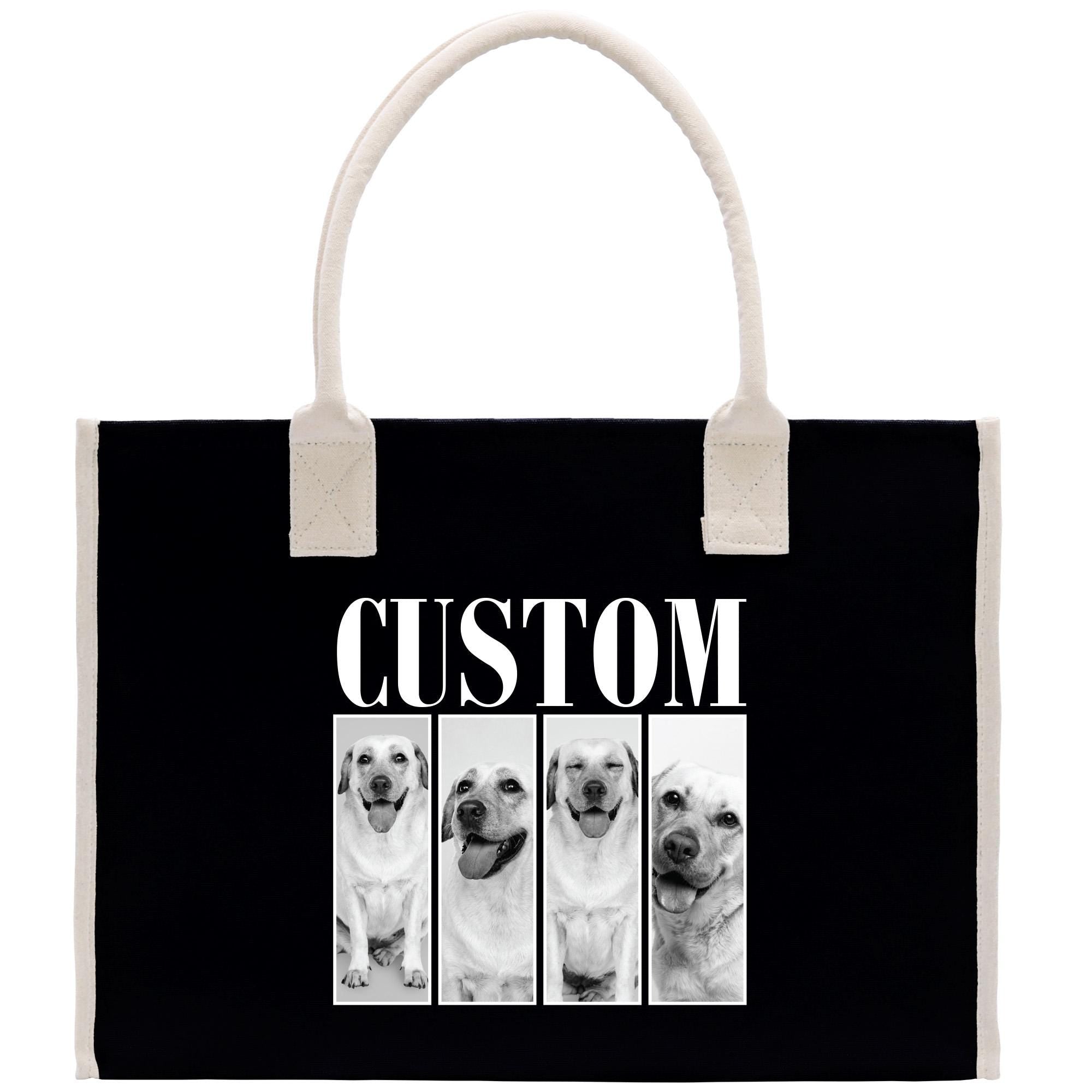 A black tote bag with a white handle and the word &quot;CUSTOM&quot; printed on it. The bag has a collage of four black and white photographs of dogs, each with a different expression.