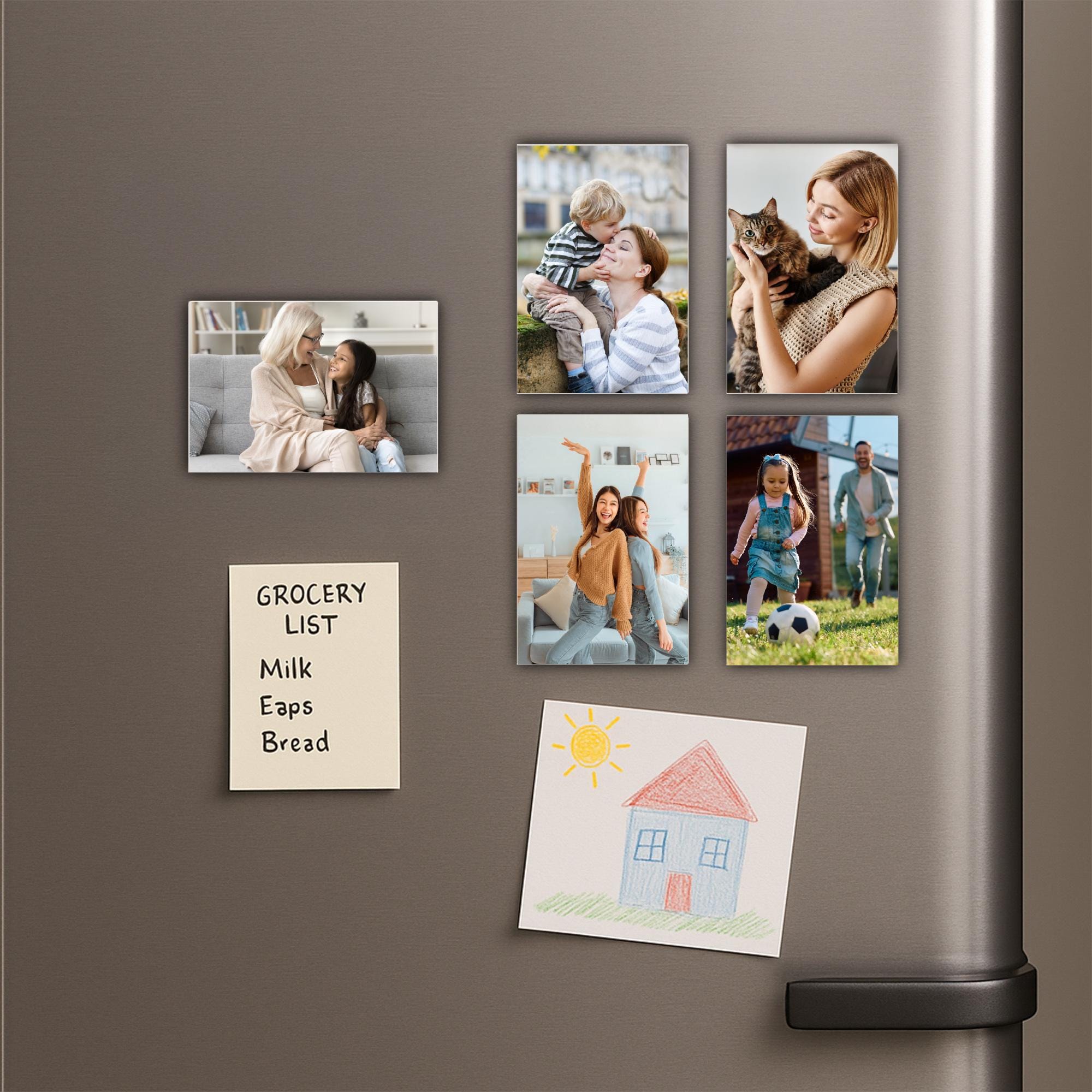The image is a collage of six photographs, including a mother and child, a woman holding a cat, a woman with a child, a woman with a dog, a woman with a child, and a drawing of a house.