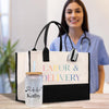 a woman is holding a bag and a water bottle