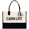 A black and white tote bag with the text 