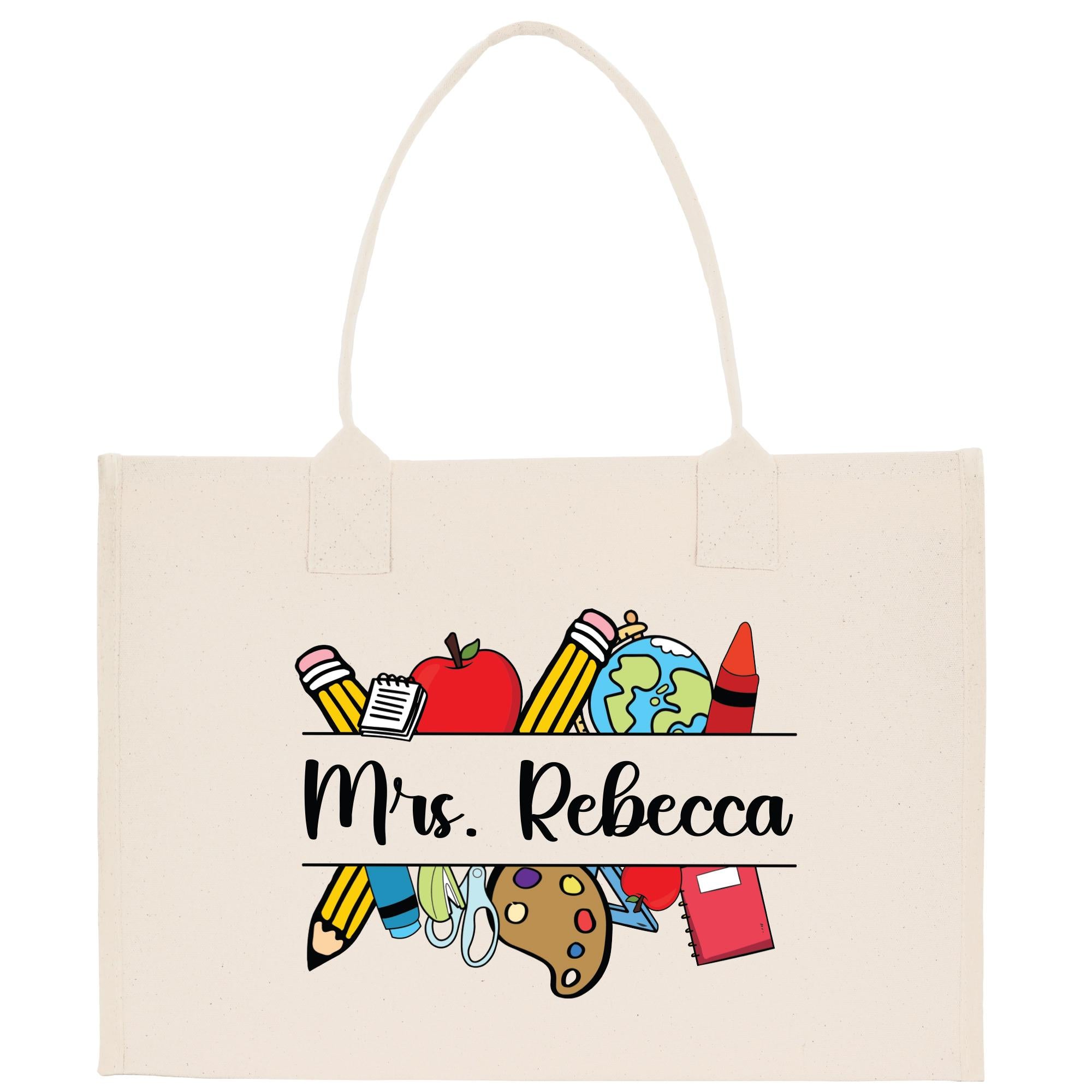 a tote bag with a picture of school supplies on it