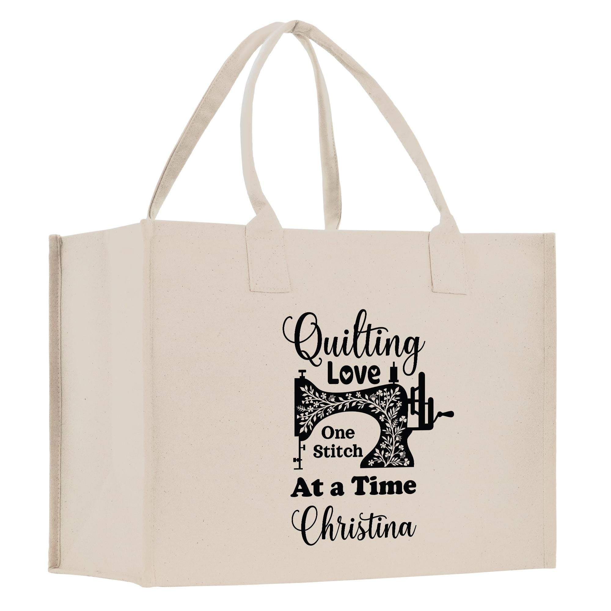 a white shopping bag with a sewing machine on it