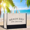 a beach bag sitting on top of a wooden table