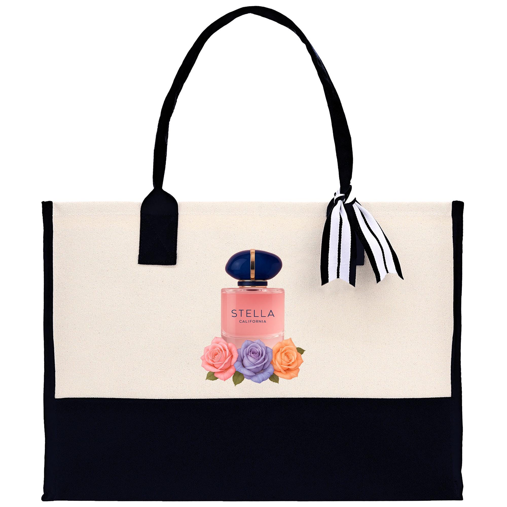 A tote bag with a printed design of a perfume bottle and flowers on it.