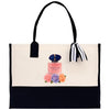 A tote bag with a printed design of a perfume bottle and flowers on it.