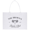 A white tote bag with black text and graphics, including tennis rackets and a heart symbol.