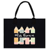 a black shopping bag with a picture of a row of houses
