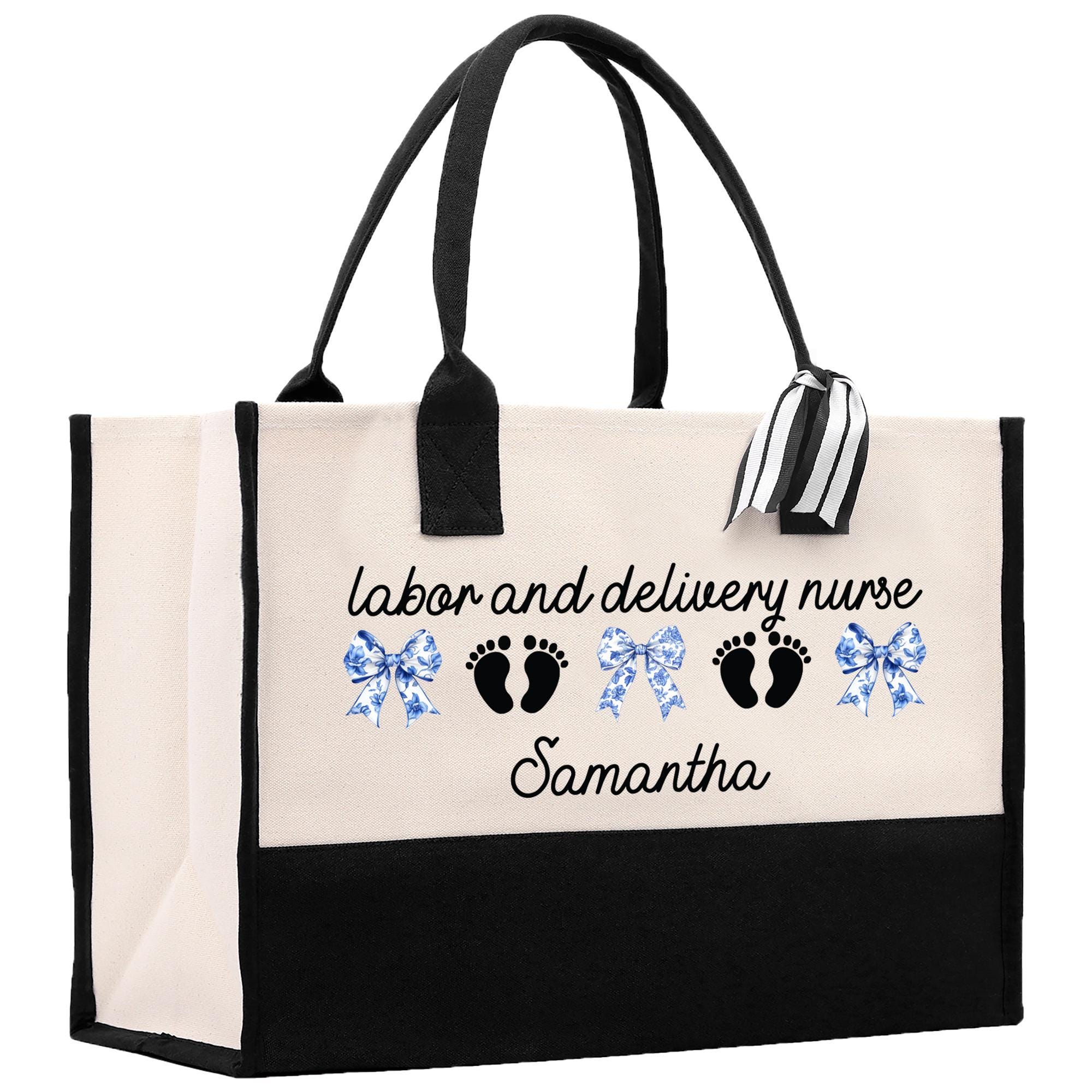 a black and white shopping bag with the words labor and delivery nurse samantata