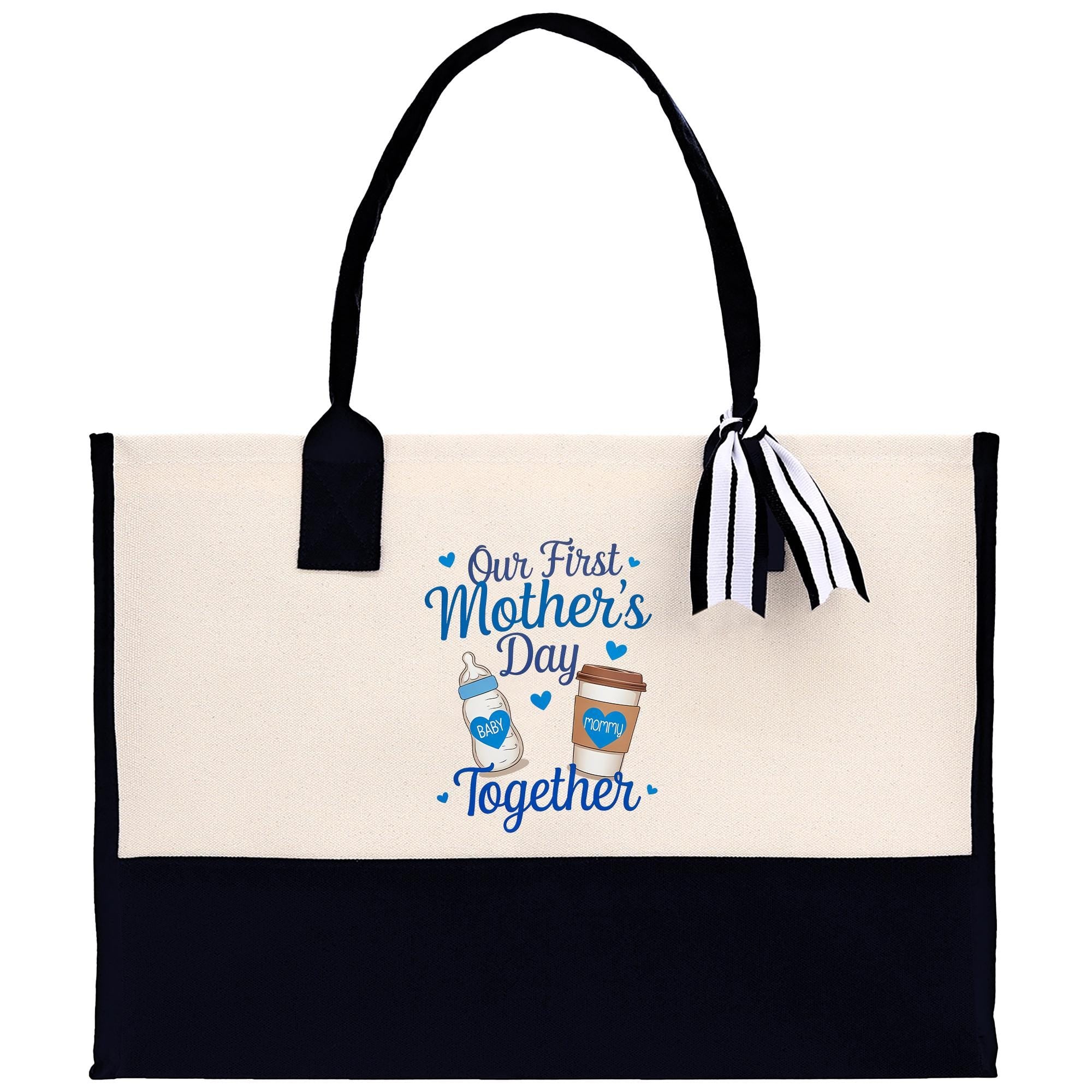 a black and white tote bag with a picture of a mother&#39;s day