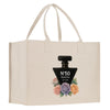 a bag with a bottle of perfume on it