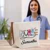 a woman in scrubs stands next to a bag