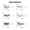 six different styles of Davis pennant flags, each with a unique design and color. The flags are labeled with the name "Davis" and the location "Barbara". The flags are arranged in a grid format, with each row representing a different style and each column representing a different flag.