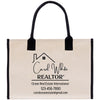a white bag with black handles and a logo on it
