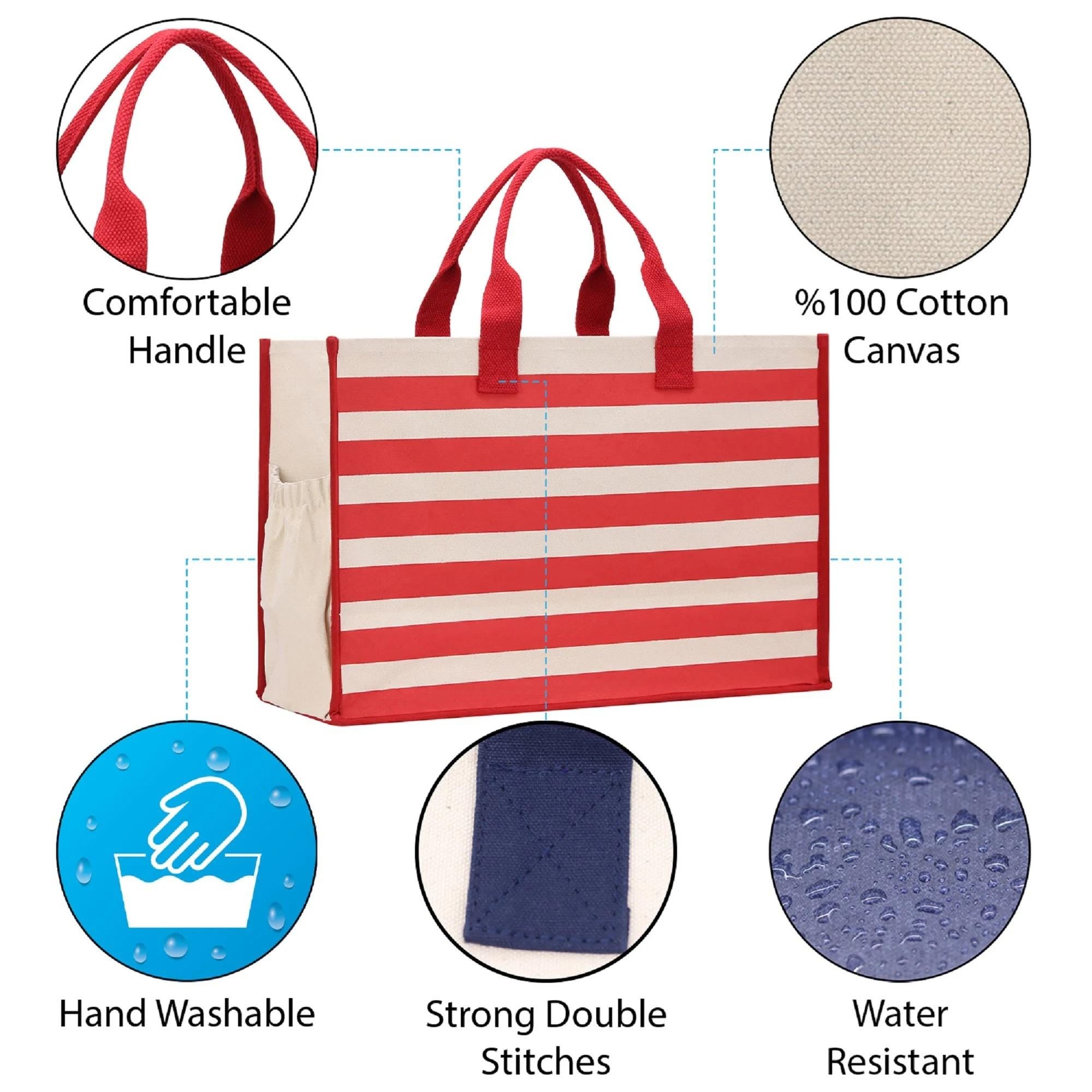 The image is a detailed description of a red and white striped canvas bag, highlighting its features such as the comfortable handle, strong double stitches, water resistance, and the %100 cotton canvas.
