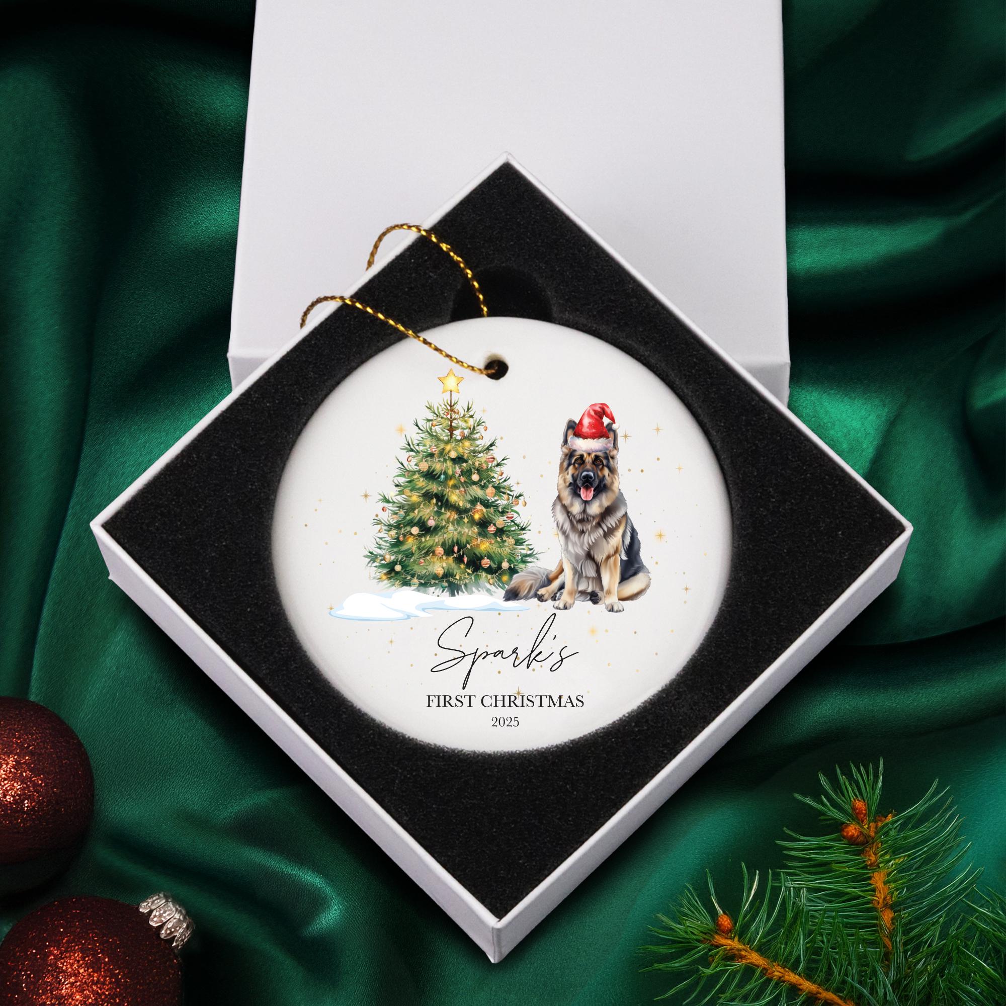 a christmas ornament with a german shepherd dog