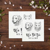 two white cards with black illustrations of a dog and a cat, along with the text "We Do Too ICE & MIIA" written on them.