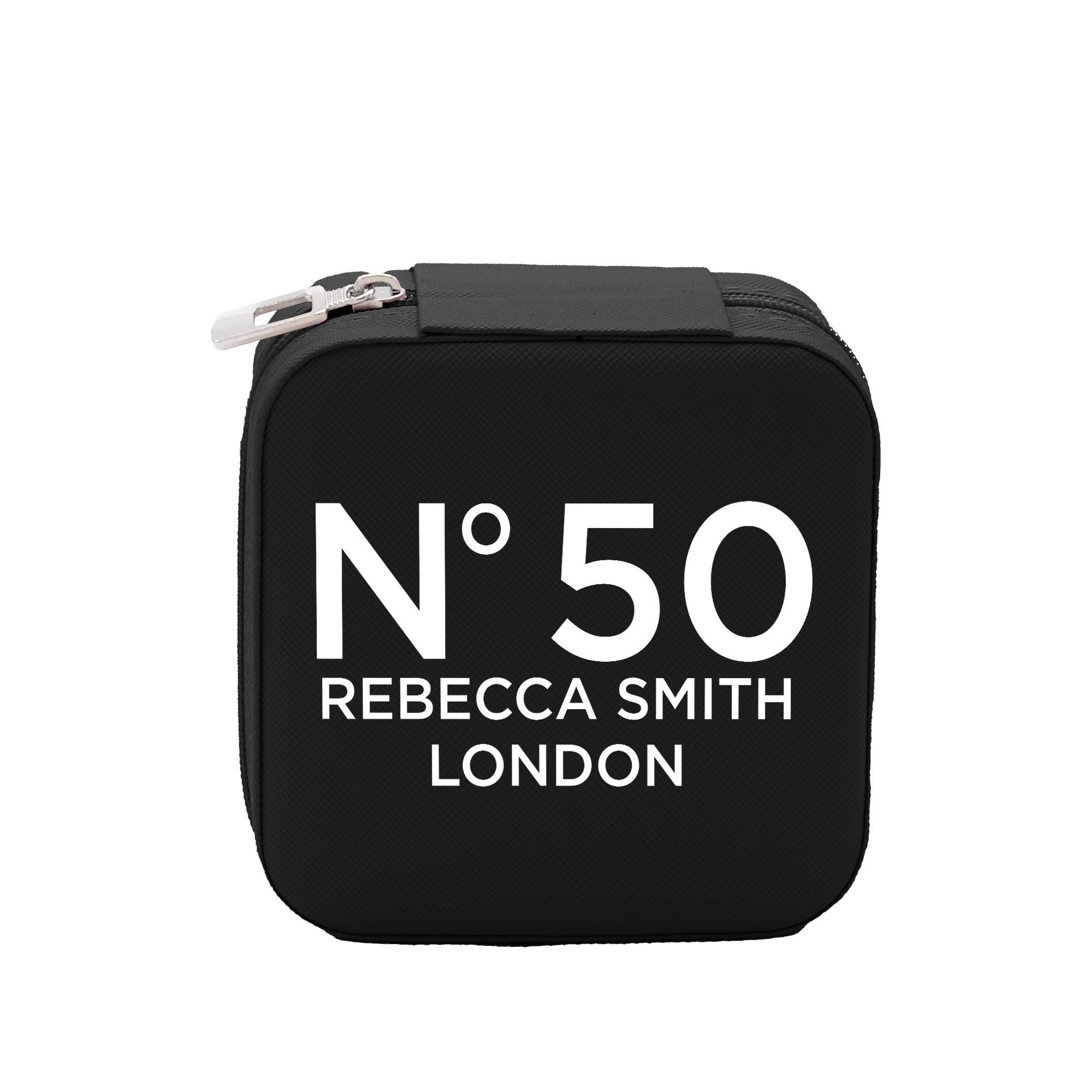 A black rectangular case with a zipper closure and the text &quot;N50 Rebecca Smith London&quot; printed on it.