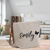 a canvas bag with a name and a butterfly on it