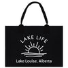 a black lake life tote bag with the lake louise, alberta logo