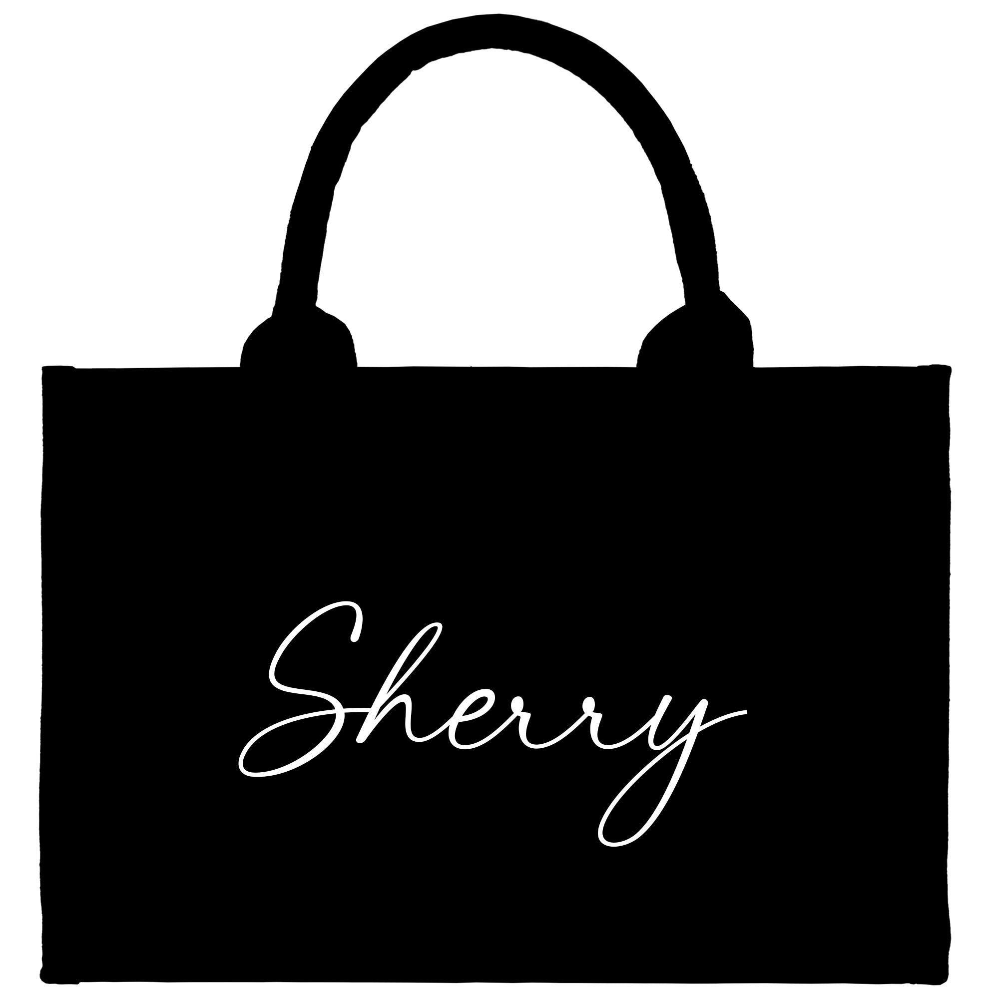 a black shopping bag with the word sheryl on it