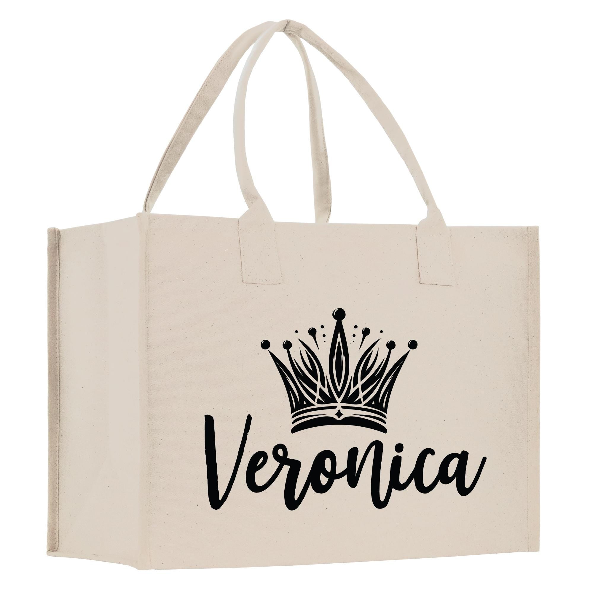 A beige canvas tote bag with a black crown design and the text &quot;Veronica&quot; printed on it.