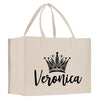 A beige canvas tote bag with a black crown design and the text "Veronica" printed on it.