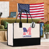 a black and white bag with a large american flag on it