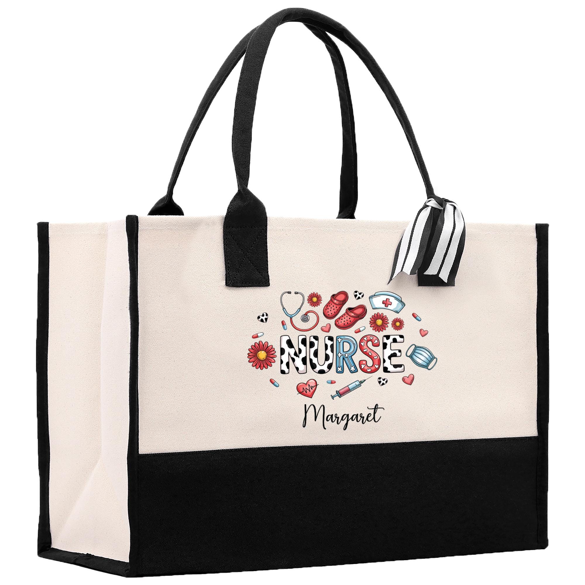 a black and white bag with a nurse&#39;s message on it