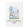 A couple is shown in a romantic gesture, with the man kneeling down and presenting a ring to the woman standing next to him. The couple is in front of the Eiffel Tower, which is a famous landmark in Paris, France.