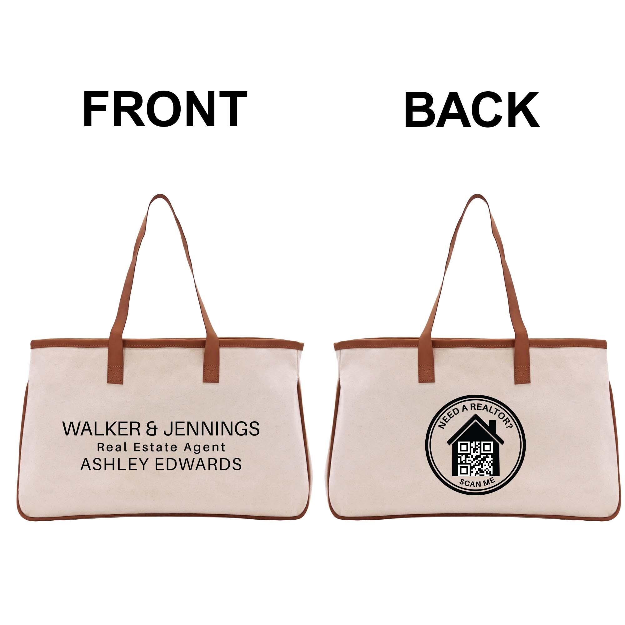 a beige tote bag with text and a logo printed on it.