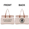 a beige tote bag with text and a logo printed on it.