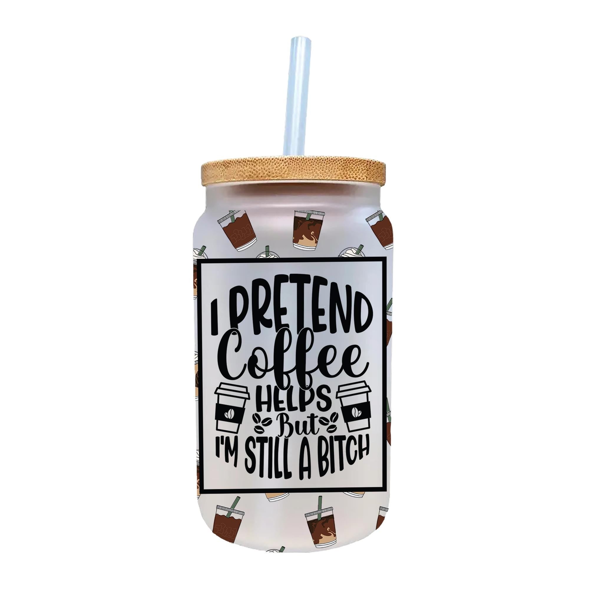 a jar of coffee with a straw sticking out of it