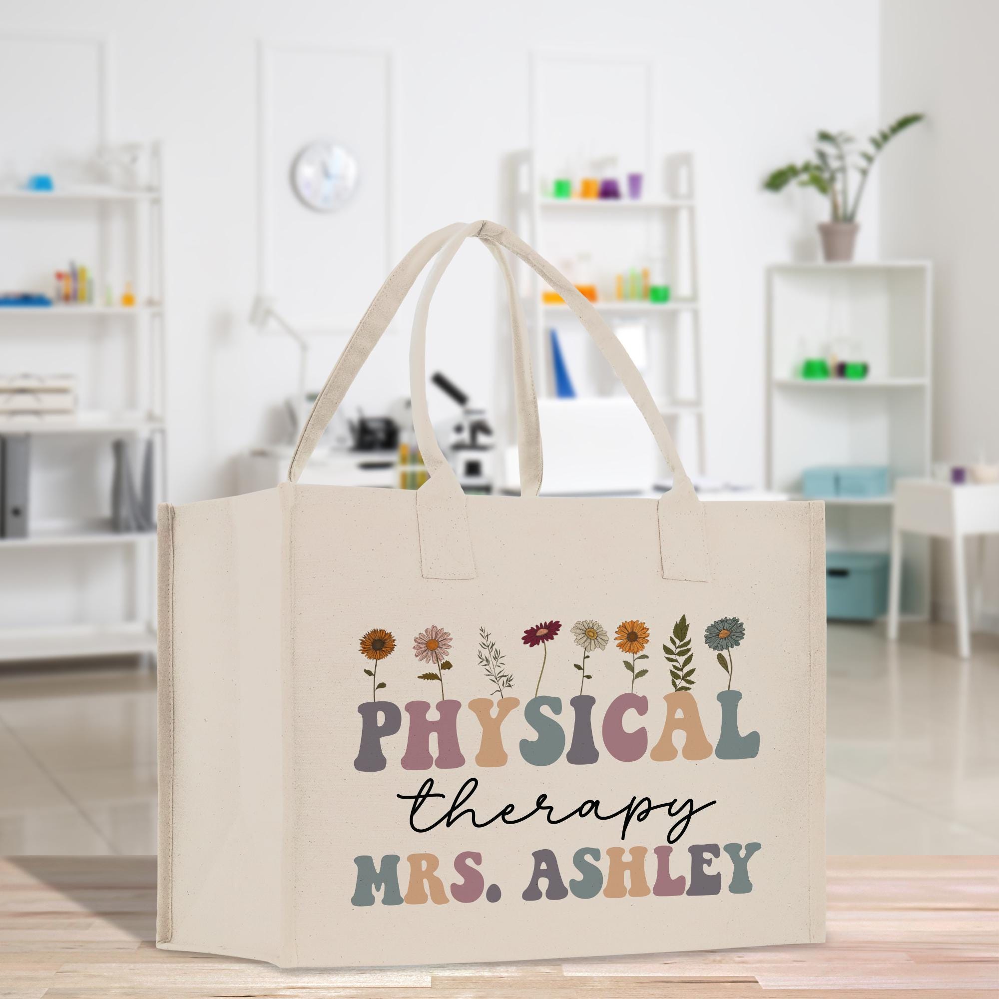 a canvas bag with the words physical therapy printed on it