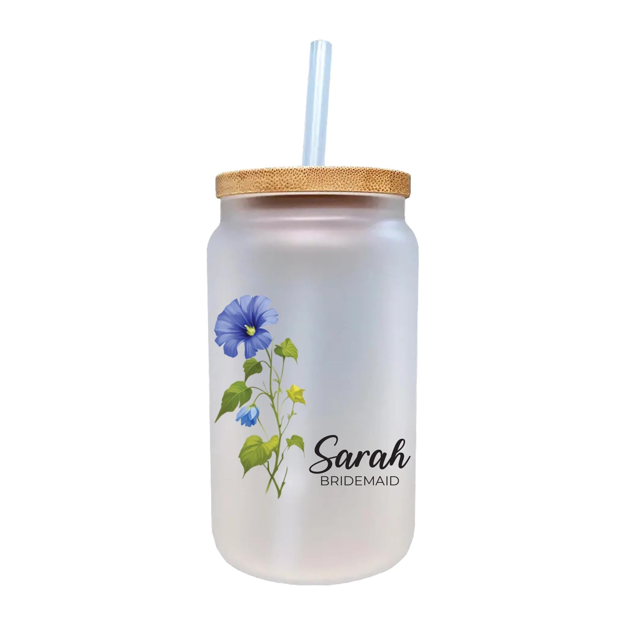 a white jar with a blue flower on it