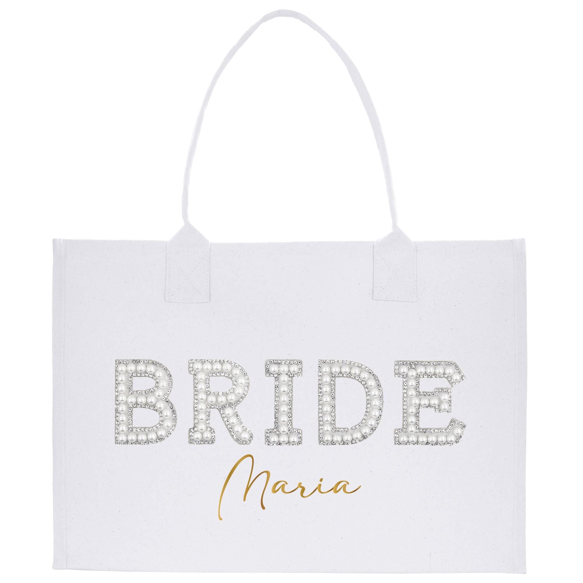 a white bag with a bride name on it