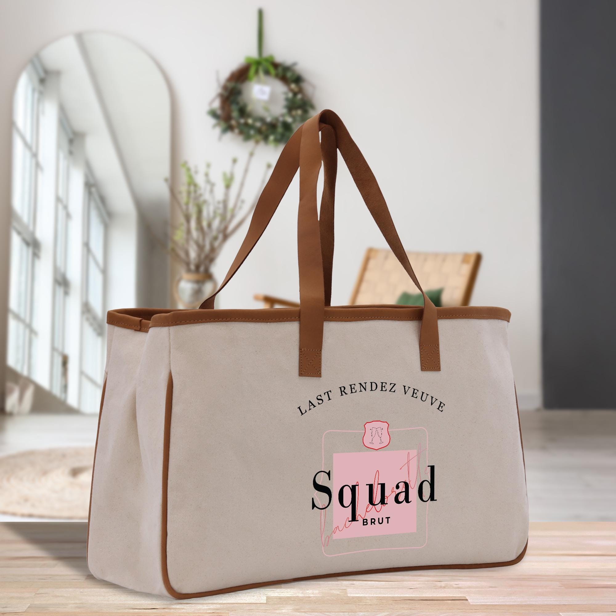 a canvas bag sitting on top of a wooden table