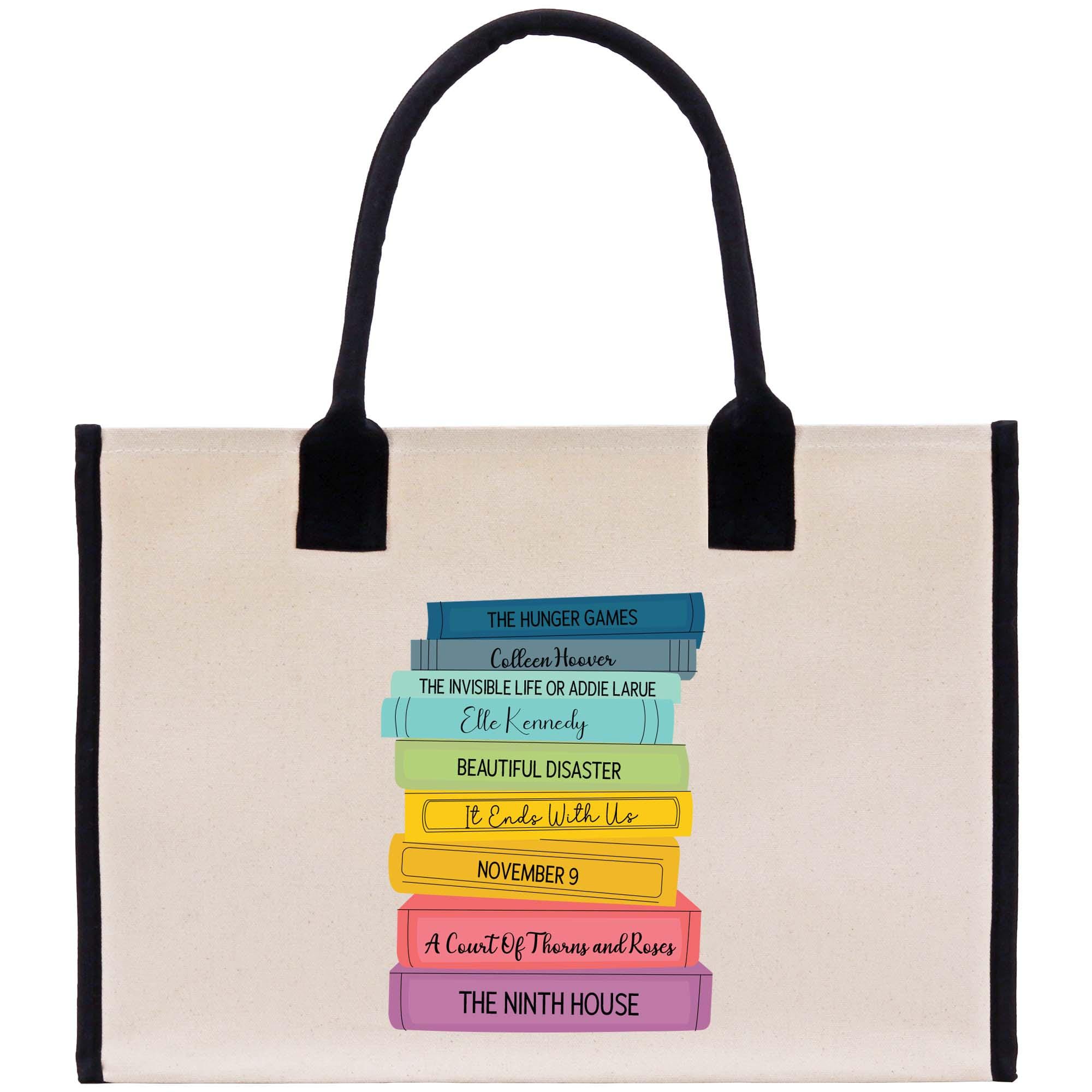 a tote bag with a stack of books on it