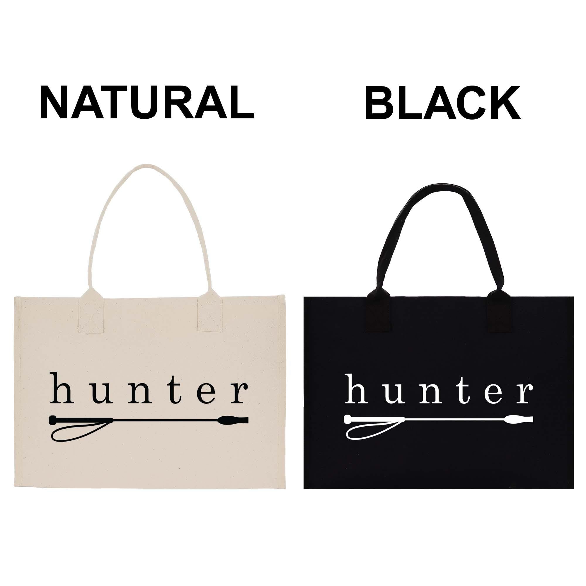 two bags, one natural and one black, with the word &quot;hunter&quot; printed on them.