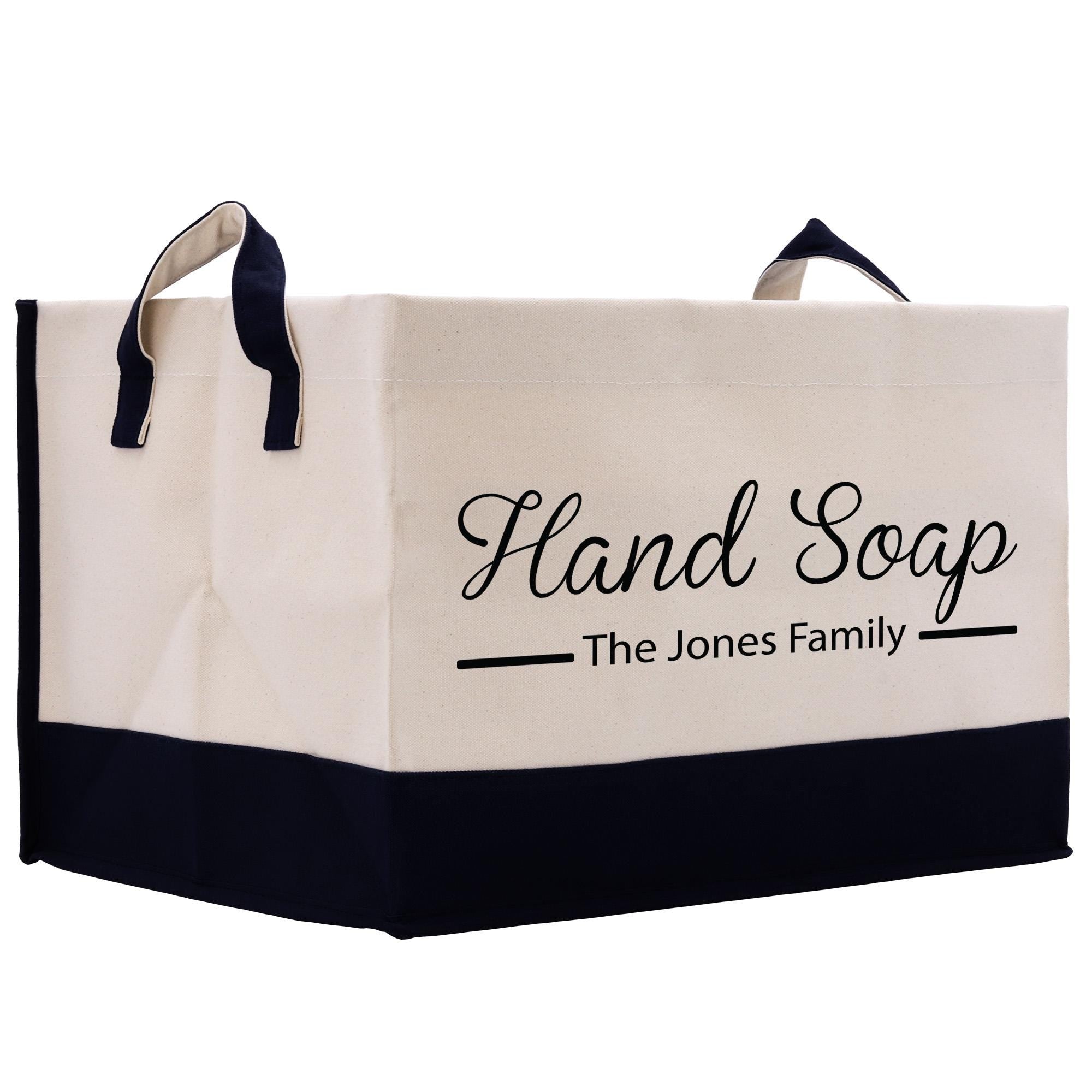 a black and white bag with the words hand soap on it