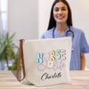 a woman in scrubs stands next to a nurse's bag