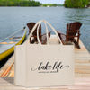 a white bag sitting on top of a wooden dock